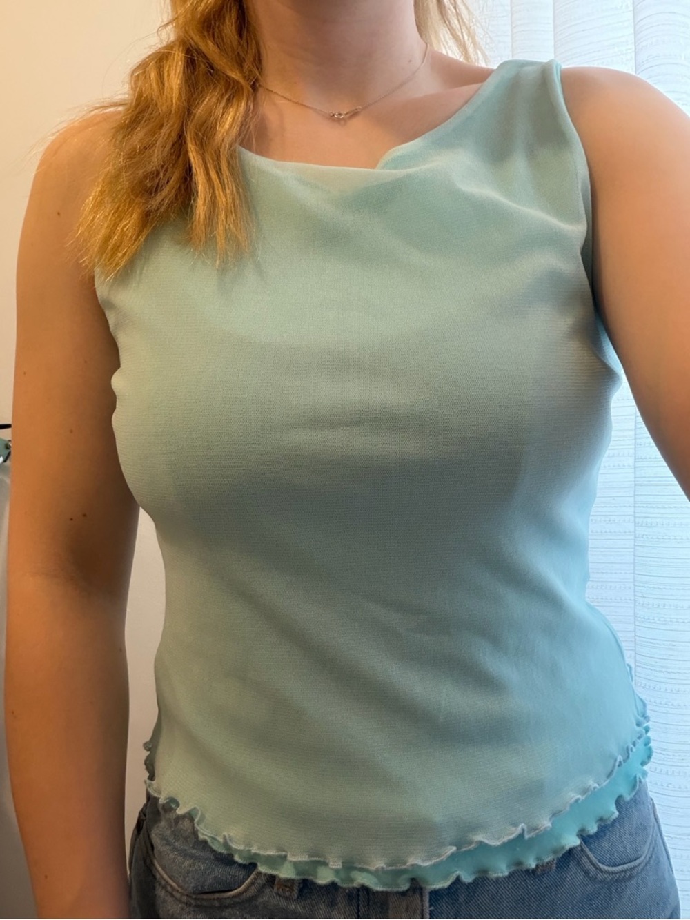 Light blue Sleeveless Tank Top with double lettuce hem